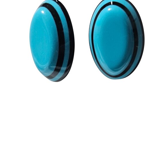 Vintage Oval Blue Black Striped Enamel Post Earrings Retro 50s 60s Fashion Women - Picture 2 of 5